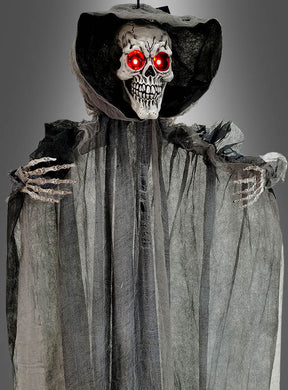 Verwandeln Sie Ihren gruseligen Raum mit der „Sensenmann mit LED-Licht“-Hängedekoration (110 cm) – einer schaurigen Halloween-Dekoration mit einem zerfetzten schwarzen Umhang und einer Kapuze, bedrohlich leuchtenden roten Augen und Skeletthänden, alles vor einem schlichten grauen Hintergrund. Perfekt als unheimliche Halloween-Hängedekoration oder Skelett-Dekoration, um Ihrem Zuhause einen gruseligen Touch zu verleihen.
