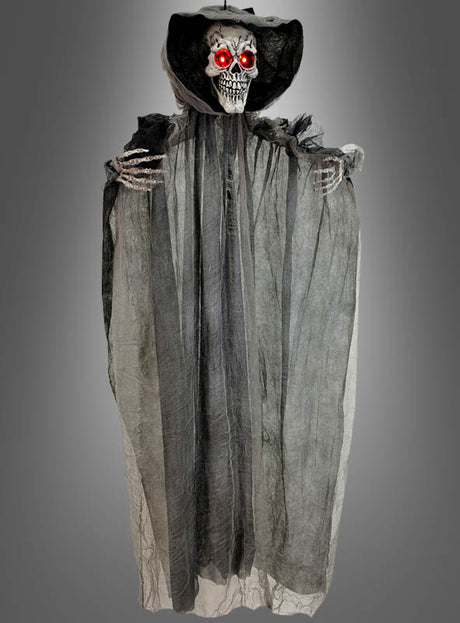 Die 110 cm große Sensenmann-Hängedekoration mit LED-Beleuchtung besticht durch leuchtend rote Augen, ein Skelettgesicht unter einer schwarzen Kapuze und eine zerfetzte graue Robe – damit ist sie die perfekte Skelett-Dekoration, um Ihre gruseligen Feiern zu bereichern.