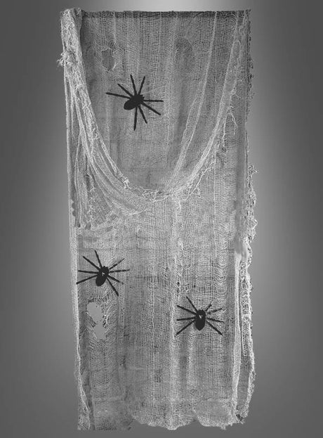Ein cooler Dekostoff mit 6 Spinnen (300 cm) hängt vor einem schlichten grauen Hintergrund – dieses gruselige Tuch ist die perfekte Halloween-Dekoration und verleiht jedem Raum eine schaurige Atmosphäre.