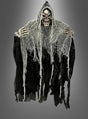 Eine Halloween-Dekoration mit dem „Kleiner Reaper Skelett Halloween Deko 90 cm“ in einem zerfetzten schwarzen Gewand und einer Kapuze, der mit ausgestreckten Armen vor einem grauen Hintergrund steht – perfekt als auffällige hängende Skelett-Dekoration oder Halloween-Hängedekoration für Ihre gruseligen Feiern.