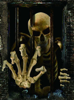 Der Halloween-Vorhang „Gefangenes Skelett“ (80 x 120 cm) zeigt eine Skelettfigur, die hinter Metallgittern vor einem dunklen, steinartigen Hintergrund gefangen ist und mit einer Hand nach vorne greift – eine gruselige Halloween-Dekoration, die für die perfekte, schaurige Atmosphäre sorgt.