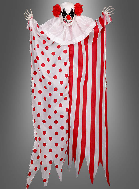 Gruseliger Clown, rot-weiß, Deko, 96 cm – eine hängende, gruselige Horror-Clown-Dekoration aus rot-weiß gepunktetem und gestreiftem Stoff, mit Skeletthänden und einer grinsenden Clownmaske – die perfekte Halloween-Deko für Fans von wirklich furchterregenden Clowns.