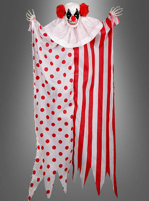 Gruseliger Clown, rot-weiß, Deko, 96 cm – eine hängende, gruselige Horror-Clown-Dekoration aus rot-weiß gepunktetem und gestreiftem Stoff, mit Skeletthänden und einer grinsenden Clownmaske – die perfekte Halloween-Deko für Fans von wirklich furchterregenden Clowns.