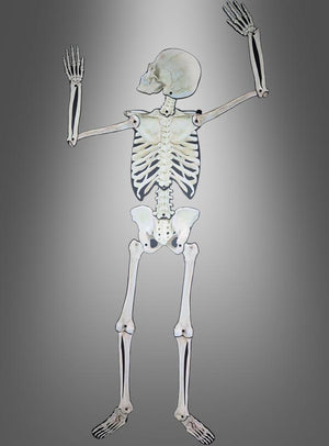 Bewegliche Skelett-Wanddekoration, 158 cm hoch, aufrecht stehend mit beiden Armen erhoben, vor neutralem grauen Hintergrund – ideal als auffällige Skelett-Halloween-Wanddekoration oder stilvolle Skelett-Wanddekoration für deine nächste Halloween-Dekoration.
