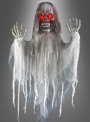 Ein wackelndes Skelett belebt Halloween (140 cm) mit leuchtend roten Augen, Skeletthänden und zerfetztem weißem Stoff vor einem grauen Hintergrund.