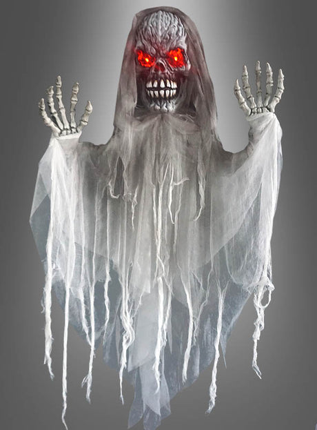 Ein wackelndes Skelett belebt Halloween (140 cm) mit leuchtend roten Augen, Skeletthänden und zerfetztem weißem Stoff vor einem grauen Hintergrund.