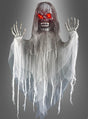 Ein wackelndes Skelett belebt Halloween (140 cm) mit leuchtend roten Augen, Skeletthänden und zerfetztem weißem Stoff vor einem grauen Hintergrund.