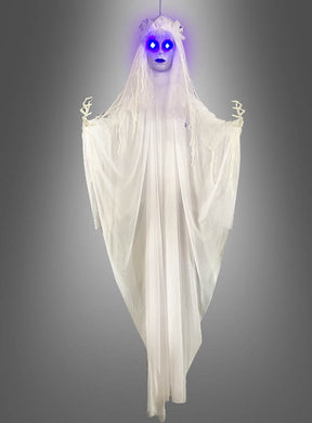 Eine geisterhafte Gestalt mit leuchtend blauen Augen, weißem, drapiertem Gewand und skelettartigen Händen, die vor einem grauen Hintergrund schwebt – diese „Geisterbraut mit Licht und Sound“ (183 cm) ist die perfekte Halloween-Dekoration, um eine unheimliche Atmosphäre zu schaffen.