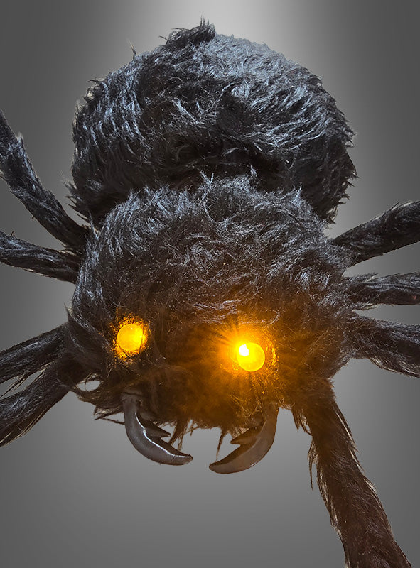 Eine pelzige schwarze Spinne mit leuchtend gelben Augen und großen Reißzähnen vor grauem Hintergrund – die „Schwarze Riesenspinne 150 cm mit LED-Augen“ ist das perfekte Accessoire für jede gruselige Kulisse. Die leuchtenden LED-Augen sorgen für einen besonders unheimlichen Effekt und machen diese Halloween-Dekoration zur idealen Spinnendekoration für Ihr Spukhaus.