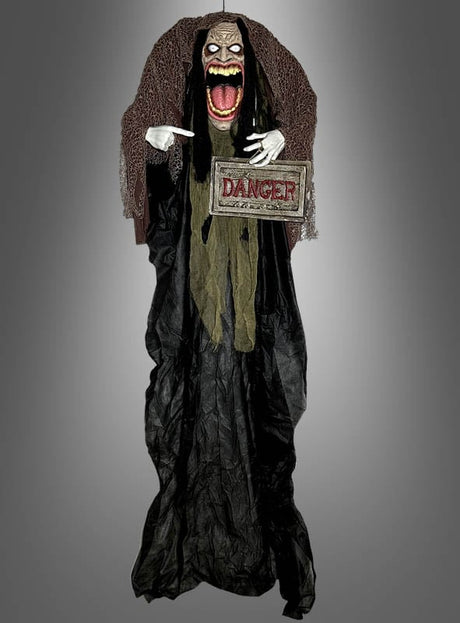 Wir präsentieren das riesige animierte Halloween-Monster „Big Mouth“ (183 cm): eine gruselige, animierte Requisite mit einer furchterregenden Gestalt in einer schwarzen Robe, einem weit aufgerissenen Mund und einem „DANGER“-Schild in leuchtend roten Buchstaben – perfekt als beeindruckende „Big Mouth“-Halloween-Dekoration oder als auffällige hängende Halloween-Dekoration für Ihre nächste Gruselparty.