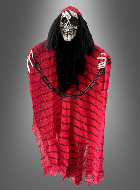 Hängender Piraten-Skelett, 100 cm, mit Licht und Sound: Dieses eindrucksvolle Skelett trägt einen rot-schwarz gestreiften, zerfetzten Umhang, hat langes schwarzes Haar und hält eine schwarze Kette in der Hand – perfekt als gruselige Halloween-Dekoration oder als spektakulärer Blickfang für Ihre nächste Piratenparty-Dekoration! Dank Licht- und Soundeffekten sorgt er garantiert für eine ganz besondere Atmosphäre.