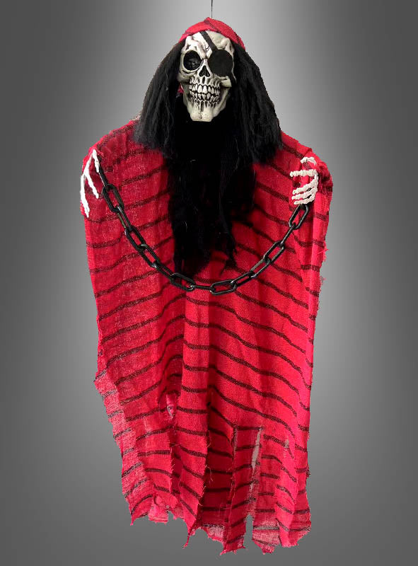 Hängender Piraten-Skelett, 100 cm, mit Licht und Sound: Dieses eindrucksvolle Skelett trägt einen rot-schwarz gestreiften, zerfetzten Umhang, hat langes schwarzes Haar und hält eine schwarze Kette in der Hand – perfekt als gruselige Halloween-Dekoration oder als spektakulärer Blickfang für Ihre nächste Piratenparty-Dekoration! Dank Licht- und Soundeffekten sorgt er garantiert für eine ganz besondere Atmosphäre.