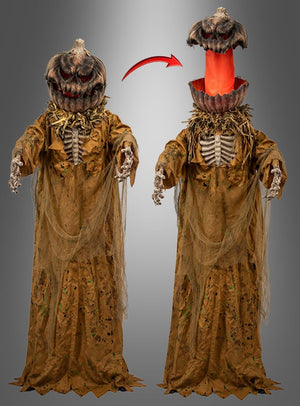 Das „Kürbismonster 170 cm mit aufspringendem Kopf“ ist eine lebensgroße Halloween-Animatronik-Figur mit einem Kürbiskopf und einem zerfetzten Gewand; ihr Kopf hebt sich dramatisch an und gibt den Blick auf ein leuchtend rotes Inneres frei, was sie zu einem auffälligen Halloween-Dekorationselement für jede gruselige Kulisse macht.