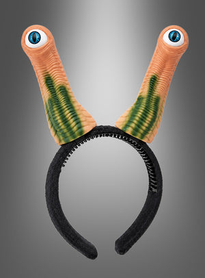 Alien-Haarreif mit Augen – ein Haarreif mit zwei Augen aus Gummistielen, blauen Augen und grünen Akzenten auf einem grauen Hintergrund mit Farbverlauf; das perfekte Accessoire für die nächste Space-Party.