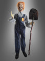 Die animierte Zombie-Totengräberfigur mit Schaufel (160 cm) trägt eine Zombie-Maske, ein kariertes Hemd und eine Latzhose, hält eine Schaufel in der Hand und zeigt mit einer Hand nach oben. Diese Halloween-Dekofigur steht vor einem grauen Farbverlaufshintergrund und sorgt so für eine unheimliche Atmosphäre – ideal für deine gruselige Dekoration.