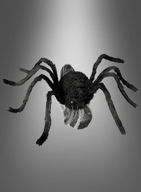 Eine springende Spinne (70 x 50 cm) in Schwarz mit acht Beinen und sichtbaren Fangzähnen wird vor einem grauen Farbverlauf präsentiert – ideal als Halloween-Dekoration oder für deine eigene Inszenierung mit einer animierten Riesenspinne.