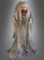 Vor einem grauen Hintergrund steht eine geisterhafte Gestalt mit leuchtend roten Augen, offenem Mund, langen weißen Haaren und einem zerfetzten weißen Gewand. Der „Animierter Geist 160 cm Big Mouth“ ist die perfekte Halloween-Dekoration – eine unheimliche Animatronik-Geisterfigur, die jeder Umgebung eine gespenstische Atmosphäre verleiht.