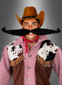 Eine Person in einem Cowboykostüm mit braunem Hut, rotem Halstuch, einer Weste mit Kuhfleckenmuster und einem riesigen, karikaturhaften Schnurrbart steht vor einem grauen Hintergrund mit Farbverlauf – perfekt für den Karneval.