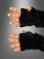 Vor einem grauen Hintergrund mit Farbverlauf sind zwei Hände zu sehen, an denen „Schimpanse Hände für das Affenkostüm“ getragen werden – schwarze, pelzige Handschuhe mit realistischen, strukturierten, hellbraunen Latexfingern.