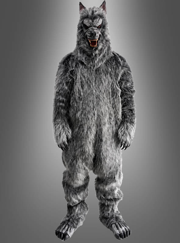 Eine Person trägt das 6-teilige Werwolf-Kostüm „Fellanzug Deluxe“ – ein beeindruckendes Ganzkörper-Wolfskostüm mit spitzen Ohren, Krallenfüßen und einer knurrenden Wolfsmaske – und steht vor einem schlichten Hintergrund mit Farbverlauf. Dieses hochwertige Tierkostüm für Erwachsene ist eine hervorragende Wahl für alle, die auf der Suche nach einem auffälligen Werwolf-Kostüm für Herren sind.