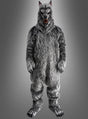 Eine Person trägt das 6-teilige Werwolf-Kostüm „Fellanzug Deluxe“ – ein beeindruckendes Ganzkörper-Wolfskostüm mit spitzen Ohren, Krallenfüßen und einer knurrenden Wolfsmaske – und steht vor einem schlichten Hintergrund mit Farbverlauf. Dieses hochwertige Tierkostüm für Erwachsene ist eine hervorragende Wahl für alle, die auf der Suche nach einem auffälligen Werwolf-Kostüm für Herren sind.