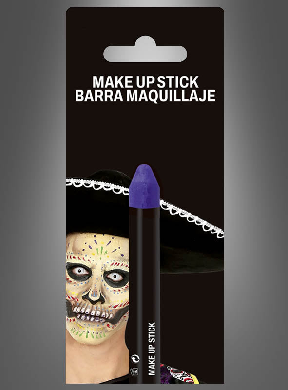 Ein Lila-Schminkstift für viele Make-up-Ideen in einer eleganten Verpackung mit Schriftzug; im Hintergrund ist eine Person zu sehen, die mit „Day of the Dead“-Gesichtsbemalung und einem schwarzen Sombrero geschmückt ist, was die Vielseitigkeit dieses Schminkstifts für kreative Looks, darunter auch K-Pop-Make-up-Stile, verdeutlicht.
