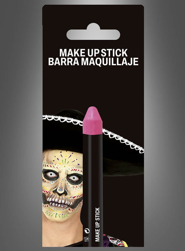 Eine Verpackung für einen schwarzen Schminkstift, auf der die Hälfte eines Gesichts zu sehen ist, das mit lebhaftem, farbenfrohem Make-up im Stil des „Día de los Muertos“ geschminkt und mit einem schwarzen Sombrero gekrönt ist. Das Design fängt die festliche Stimmung von „Karneval Schminke“ ein und zeigt die auffälligen, kreativen Looks, die sich mit Produkten wie dem „Schminkstift in Pink Make-Up Stift“ erzielen lassen. Der Text darüber lautet: MAKE UP STICK BARRA MAQUILLAJE.