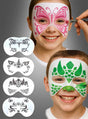 Zwei Kinder mit bemalten Gesichtern – das eine als rosa Schmetterling, das andere als grüner Drache – zeigen, wie zauberhaft Gesichtsbemalung sein kann. Daneben bieten die „Make Up Schminkschablonen 4 Motive“ kreative Inspiration für lustige und farbenfrohe Kinderschmink-Motive.