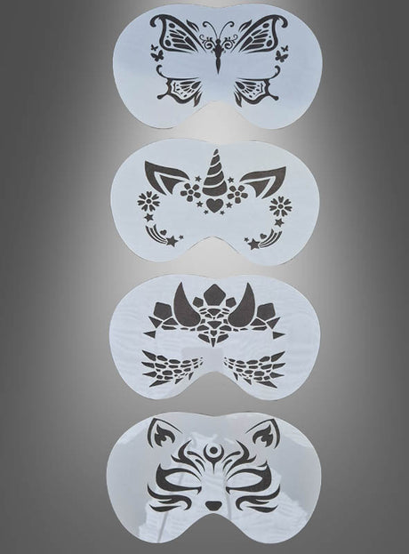 Vier weiße Make-up-Schablonen mit vier Motiven – ein Schmetterling, ein Einhorn, ein Drache und ein Tiger – sind vertikal vor einem grauen Hintergrund mit Farbverlauf abgebildet. Diese Schablonen eignen sich perfekt für das Kinderschminken oder die Gesichtsbemalung und machen das Schminken für alle Altersgruppen einfach und unterhaltsam.