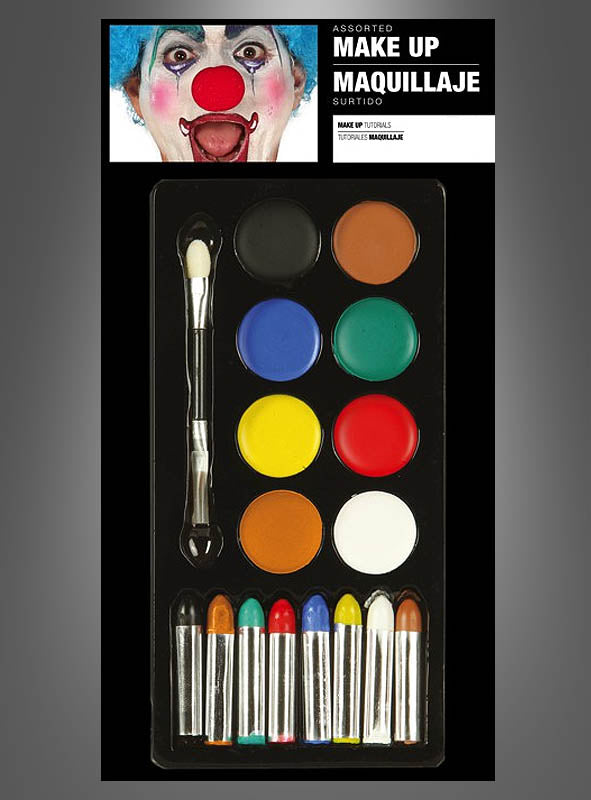 Das Set „Karneval-Schminke und Stifte“ enthält acht Farbtöpfe, acht farbige Schminkstifte und einen doppelseitigen Applikator, die in einer schwarzen Kunststoffschale angeordnet sind; auf der Verpackung ist oben ein Clownsgesicht abgebildet – perfekt für Karnevals-Make-up und kreative Looks, die sich mit jeder beliebigen Make-up-Palette gestalten lassen.