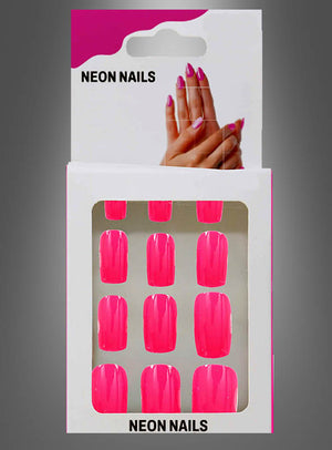 Abgebildet ist eine Packung „Neon Pink Nägel selbstklebend 12 Stück“ mit einem Foto von manikürten Händen auf der Verpackung und zwölf leuchtenden Kunstnägeln, die durch ein transparentes Fenster sichtbar sind. Dieses Set bietet einen leuchtenden Neon-Look und eine mühelose Anbringung für eine auffällige Maniküre.