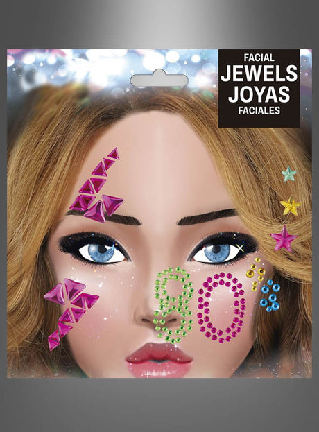 Hier ist eine überarbeitete Version des Satzes unter Verwendung Ihrer Produktdaten: Eine Illustration zeigt das Gesicht einer Frau, das mit leuchtenden, geometrischen Glitzersteinen verziert ist, darunter die Zahl 90 auf ihrer Wange, was an Retro-Accessoire-Trends und das verspielte Flair von Tattoo-Designs der 80er Jahre anknüpft. Die funkelnden Juwelen betonen ihre Gesichtszüge, während auf einem Etikett oben rechts zu lesen ist: 80er-Juwelen-Gesichtstattoo.