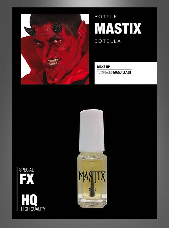 Unter einem Bild einer Person mit rotem Teufels-Make-up und Hörnern ist eine Flasche „Mastix FX Kleber 5 ml für Latex-Make-up“ abgebildet. Der Text hebt die hohe Qualität des Klebers hervor, der sich ideal für Latex-Anwendungen und den Einsatz in Make-up-Tutorials eignet.