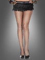 Eine Person, die mit den Händen in den Hüften steht und einen schwarzen Fransenrock, eine schwarze Netzstrumpfhose mit mittelgroßen Maschen sowie schwarze High Heels trägt – ein eleganter Look, abgerundet durch ein schickes Burlesque-Accessoire – vor grauem Hintergrund.