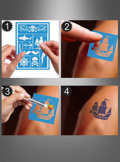 Diese vierstufige Anleitung zeigt, wie man eine Piraten-Make-up-Schablone (14 x 20 cm) auswählt, sie auf die Haut auflegt, Farbe aufträgt und ein schiffsförmiges temporäres Tattoo zum Vorschein bringt – perfekt, um dein Piratenkostüm zu vervollständigen.