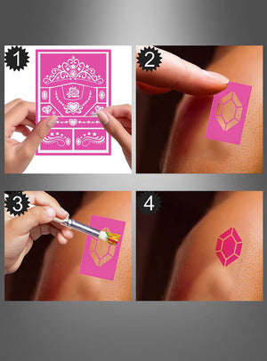 Vier-Schritte-Verfahren: Die „Prinzessin“-Schablone (14 x 20 cm) auf die Haut legen, Abschnitte abziehen, innerhalb der Schablone auftragen und ein edelsteinförmiges Motiv zum Vorschein bringen – ideal für kreatives Kinderschminken oder lustiges Make-up zum Thema Prinzessin.