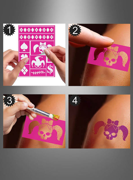 Vier-Schritte-Anleitung zur Anbringung eines temporären Tattoos mit Totenkopf- und Narrenhut-Motiv unter Verwendung der Harlekin-Make-up-Schablone (14 x 20 cm), eines Pinsels und farbiger Pigmente auf der Haut.