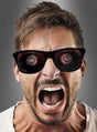 Ein Mann mit Sonnenbrille schreit; anstelle der üblichen Spiegelungen zeigen die Gläser große, gruselige Augäpfel – damit ist diese gruselige Zombie-Brille das perfekte Accessoire für deine nächste Halloween-Party.