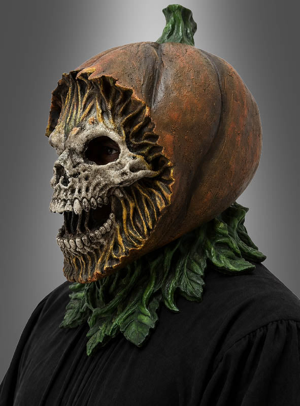 Eine Person, die die „Gruselige Kürbis-Maske aus Latex“ trägt – eine Kombination aus einem geschnitzten Kürbis und einem Totenkopf-Motiv mit grünen Blattdetails um den Hals –, ist in schwarze Kleidung gekleidet und steht vor einem schlichten grauen Hintergrund.