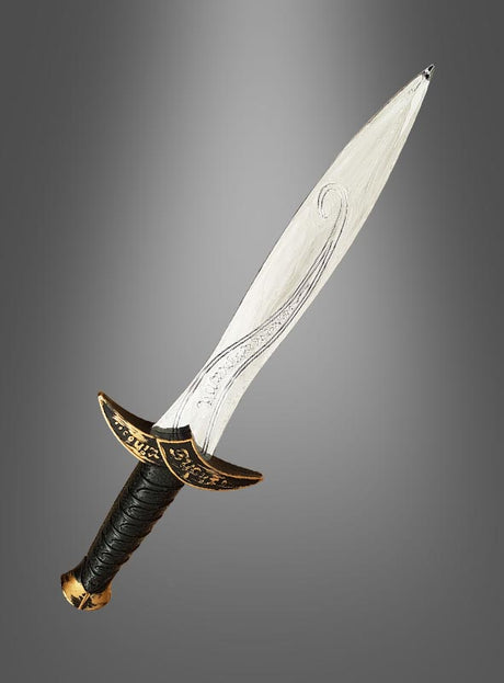 Ein dekorativer Dolch mit dem Namen „Kurzschwert für Elfen und Fantasy-Kostüme“, der sich durch eine silberne Klinge mit eingravierten Mustern, eine goldene Parierstange und einen schwarzen, strukturierten Griff auszeichnet – und an Fantasy-Kurzschwerter erinnert –, wird vor einem grauen Hintergrund mit Farbverlauf präsentiert.