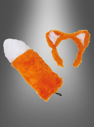 Rotfuchs-Kostüm-Set mit Schwanz und Ohren, bestehend aus einem orangefarbenen, pelzigen Stirnband mit Fuchsohren und einem dazu passenden orange-weißen Fuchsschwanz, ideal für jedes Fuchs-Kostüm-Set, dargestellt vor einem grauen Hintergrund mit Farbverlauf.