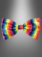 Eine bunte Fliege für ein Clownkostüm mit Regenbogenstreifen vor einem grauen Farbverlaufshintergrund – ideal als fröhliches Karnevalsaccessoire oder um jedem Clownkostüm eine verspielte Note zu verleihen.