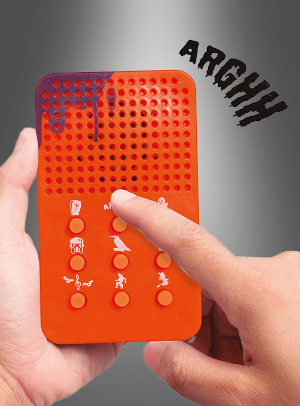 Eine Hand drückt einen Knopf an einer orangefarbenen „Terror Lautsprecher 10 cm“-Soundeffektbox, die mit Halloween-Motiven verziert ist; das stilisierte Wort „ARGHH“ erscheint und deutet auf unheimliche Grusel-Soundeffekte hin, die sich perfekt für gruselige Feste eignen.
