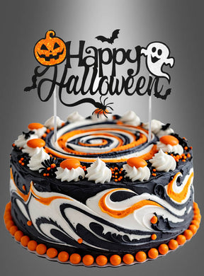 Eine Torte im Halloween-Stil mit schwarzen, weißen und orangefarbenen Strudeln, verziert mit festlichen Süßigkeiten, ist der perfekte Blickfang für Ihre gruselige Feier. Runden Sie den Look mit dem glitzernden Halloween-Kuchendekor mit Glitzer ab, das ein „Happy Halloween“-Schild mit einem Kürbis, einem Geist, einer Fledermaus und einer Spinne enthält. Diese atemberaubende Tortendekoration verleiht Ihrem Kuchen eine verspielte Note und sorgt für das ultimative Halloween-Erlebnis.
