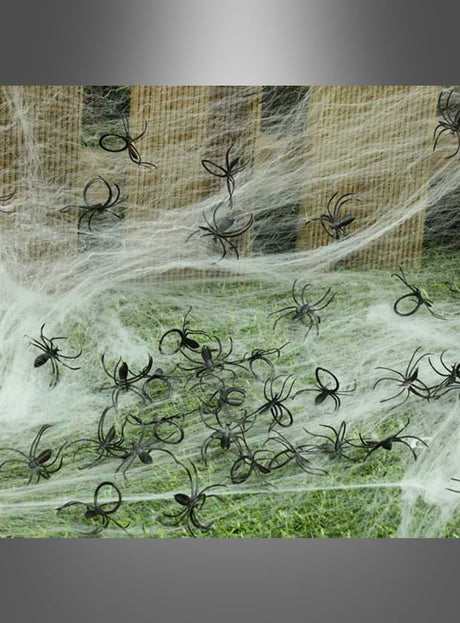 Schwarze Spinnen mit Ring-Dekor sind auf künstlichen Spinnennetzen verteilt, die über Gras und Holzbretter drapiert sind, und sorgen so für eine klassische Halloween-Dekoration oder eine gruselige Dekorationskulisse.