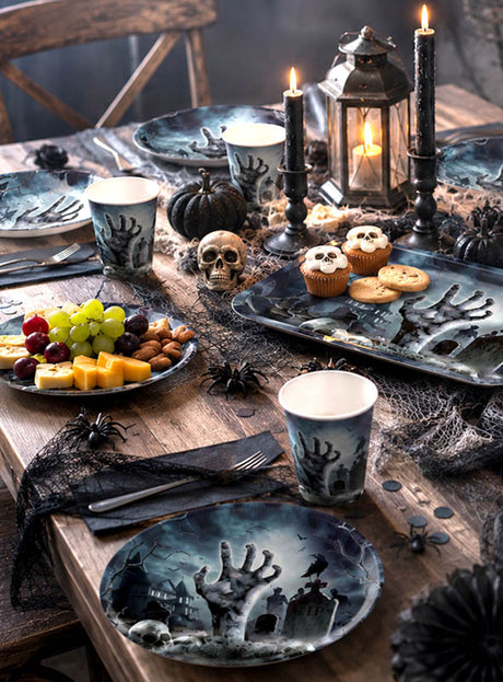 Eine Tischdekoration im Halloween-Stil mit gruseligen, handbedruckten Tellern, Cupcakes, Kerzen, einem Totenkopf, Plastikspinnen, Obst, Käse und dunklen Dekorationselementen sorgt für eine herrlich unheimliche Partyatmosphäre. Für einen besonders gruseligen Akzent in Ihrer Dekoration können Sie Ihre Tischdekoration mit der XXL-Schüssel „Friedhof Zombie Hand“ (31 cm) zum Thema Halloween hervorheben.