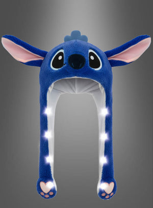 Blaue Alien-Mütze mit bunten LEDs, gestaltet wie ein Cartoon-Tier mit großen Ohren, leuchtenden Lichtern entlang der herabhängenden Ohrenklappen und Pfotenabdrücken an den Enden – perfekt als witzige Karnevalskopfbedeckung oder einzigartige Alien-Mütze.
