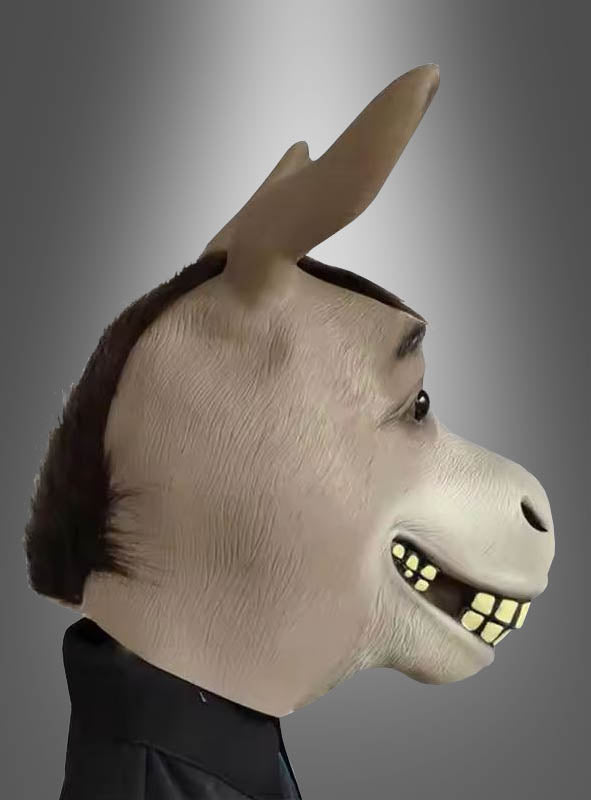 Eine Person, die eine große SHREK-Esel-Latex-Vollmaske mit einem sichtbaren Lächeln trägt, im Profil vor einem grau abgestuften Hintergrund fotografiert.