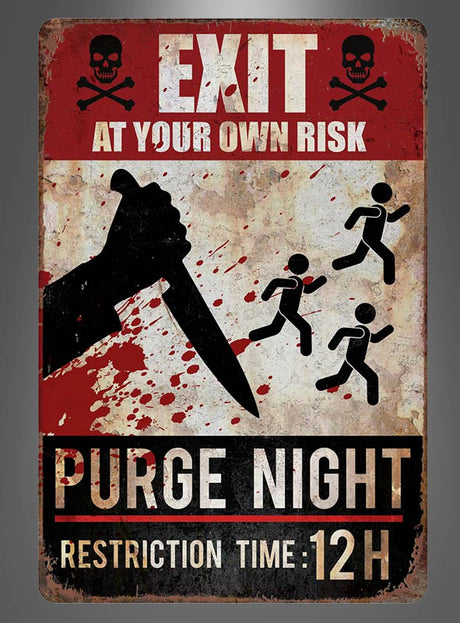 Auf dem abgenutzten Schild steht: „Verlassen auf eigene Gefahr“; „Purge Night“; „Restriction Time: 12H“, mit Abbildungen eines Messers, rennender Menschen, Blutspritzern und Totenköpfen – dieses auffällige Halloween-Plakat im Format 24 x 36 cm mit dem Titel „Killing Night“ eignet sich perfekt für Ihre Halloween-Dekoration oder als gruseliges „Purge Night“-Schild.