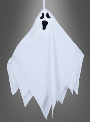 Eine weiße „Freundlicher Geist“-Halloween-Dekoration (45 cm) mit schwarzen Augen und schwarzem Mund hängt vor einem grauen Hintergrund und ist damit eine bezaubernde Ergänzung für jede Halloween-Dekoration für Kinder.